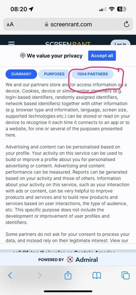 Screenshot of a cookie banner on a website. It offers a button to see all their 1504(!!!) partners and what data they collect.